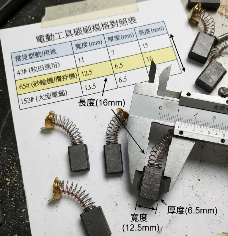 游標卡尺測量碳刷寬高長度示意圖