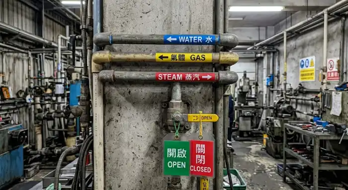 廠房管路流向貼紙與綠開紅閉開關吊牌安裝範例